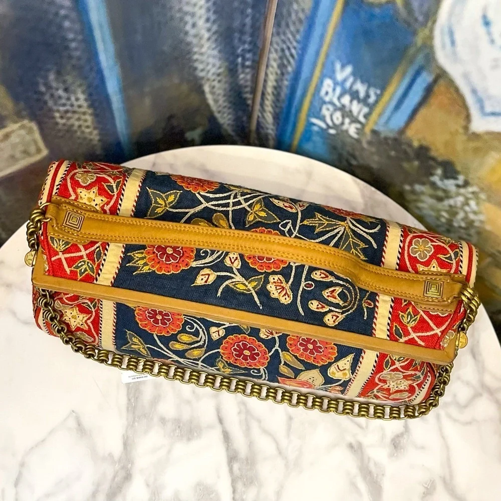 Tory Burch Tapestry Embroidered Barrel Bag‎ Floral Carpet Navy Red Gold GUC